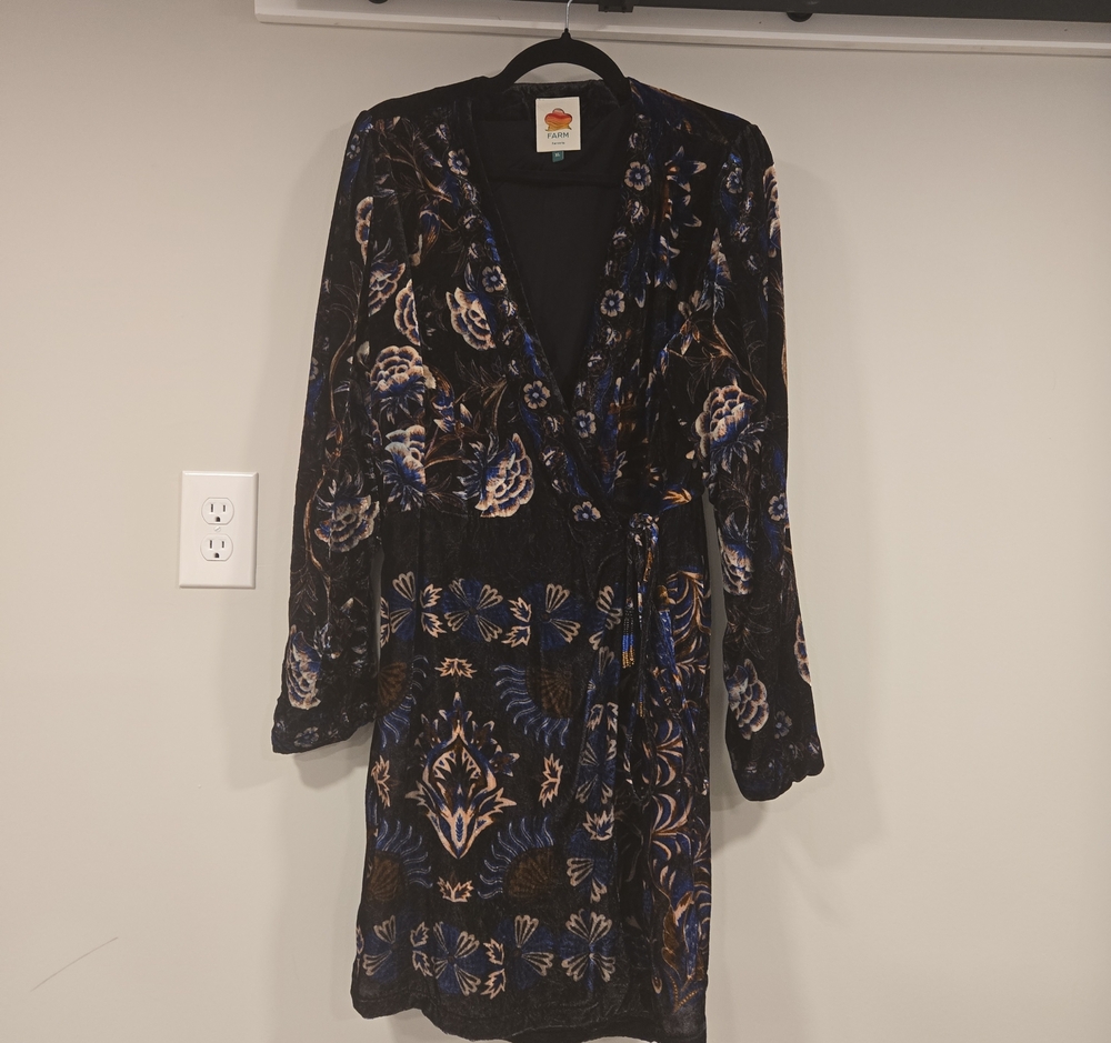 FARM Rio Black Velvet Wrap Dress with Blue & Cream Floral Print